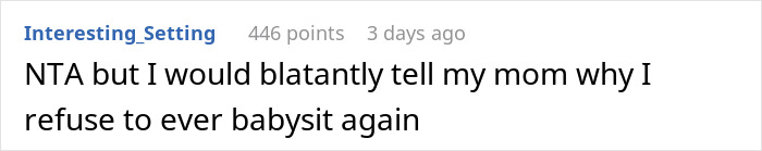 Screenshot of an online comment discussing a woman refusing to watch her sister after family claims she broke her leg.