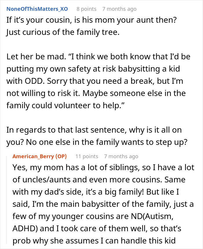 Conversation text about a babysitter refusing to watch a specific child over safety concerns and accusations of discrimination.
