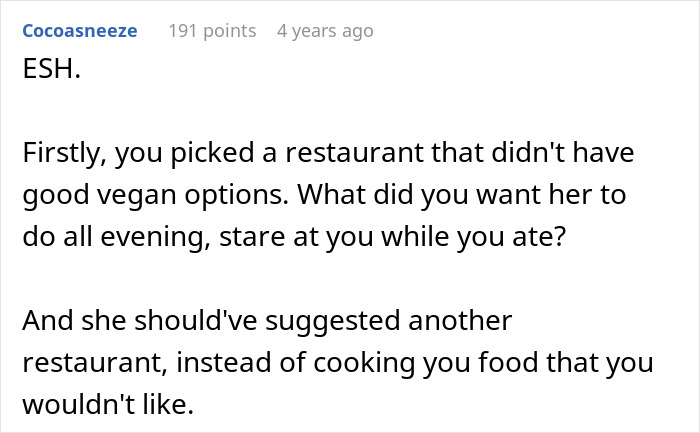 Text comment discussing refusing to eat vegan meal with girlfriend, mentioning restaurant choice and food preferences on birthday. Text comment discussing refusing to eat vegan meal with girlfriend, mentioning restaurant choice and food preferences on birthday.
