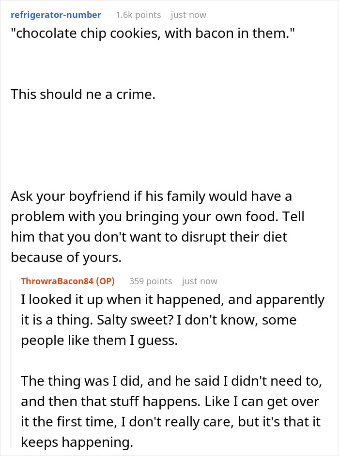 Reddit conversation discussing challenges of having bacon in every dish when visiting a Jewish boyfriend&rsquo;s family.