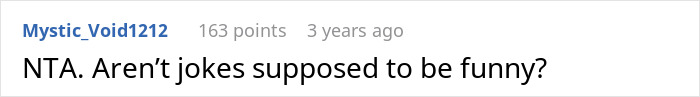 Screenshot of an online comment replying to a prank incident with 163 points and a question about jokes being funny.