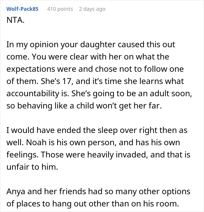 Comment discussing enforcing basic boundaries during a daughter's sleepover and the importance of accountability at age 17. Comment discussing enforcing basic boundaries during a daughter's sleepover and the importance of accountability at age 17.