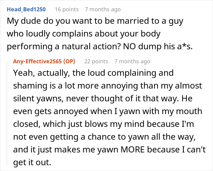 Screenshot of a text conversation about a man complaining about yawning and upsetting his sleeping fianc&eacute;e.