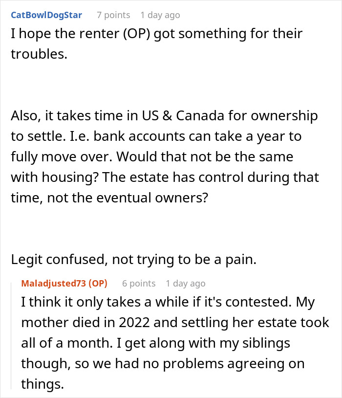 Reddit conversation about renter troubles, estate ownership timing, and issues resolving landlord disputes.