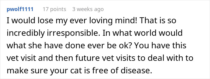 Comment expressing frustration about a cat-sitter and concerns over veterinary visits related to refusing to pay cat-sitter.