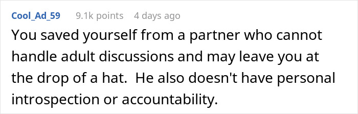Text-based comment criticizing a partner’s inability to handle adult discussions or show accountability in a relationship. Text-based comment criticizing a partner’s inability to handle adult discussions or show accountability in a relationship.