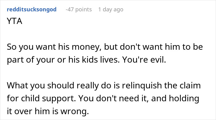 Reddit comment criticizing a woman for withholding child support and not warning deadbeat ex about revoked passport.