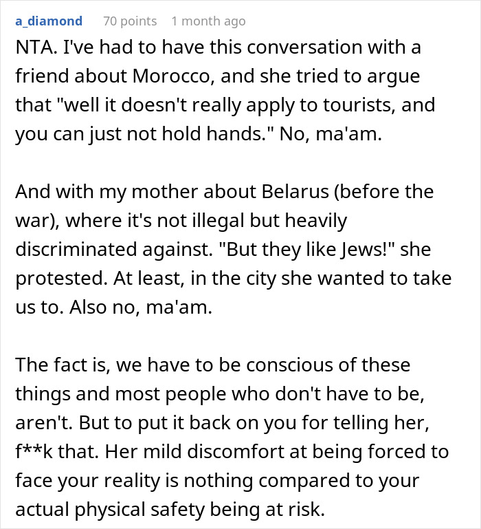 Text post discussing a woman being blunt about why she can't travel with a friend and facing accusations of embarrassment. Text post discussing a woman being blunt about why she can't travel with a friend and facing accusations of embarrassment.