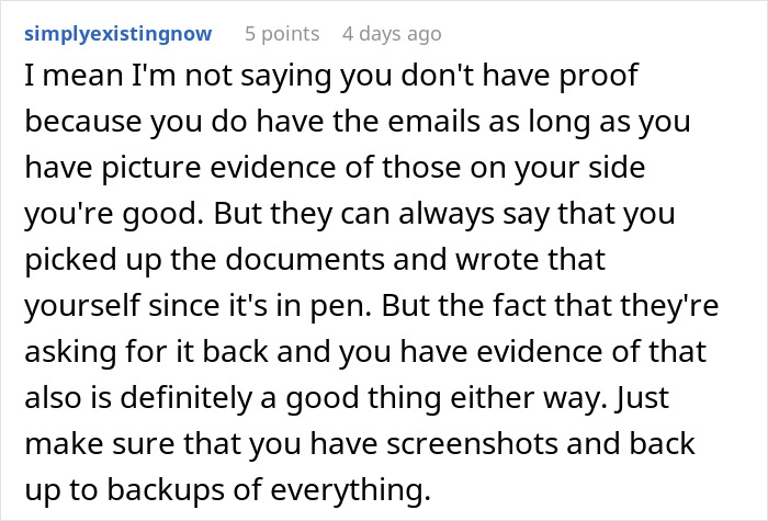 Screenshot of Reddit comment discussing proof and evidence related to maternity leave eligibility and document verification.