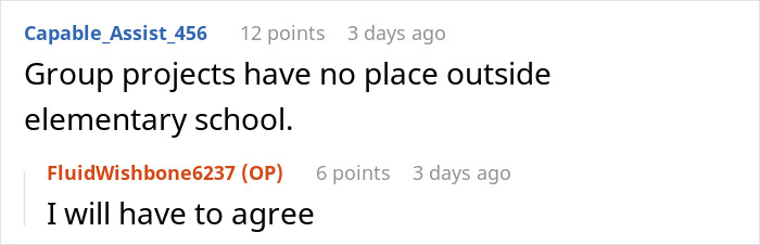 Online discussion about woman at risk of not graduating due to failure to contribute to shared thesis project.