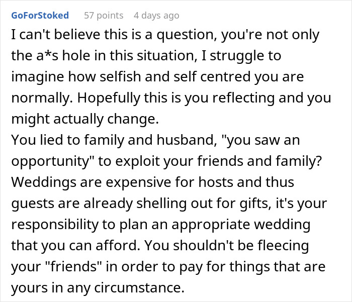 Comment criticizing secret alcohol sales at a dry wedding, highlighting the responsibility of covering wedding costs appropriately.