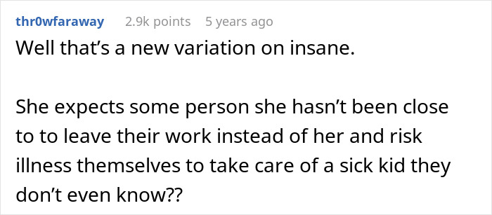 Comment discussing a woman listed as emergency contact who refuses to pick up a sick kid, highlighting frustration with the situation.