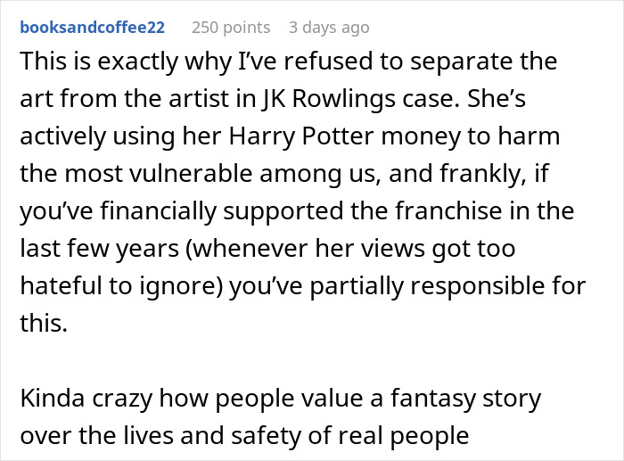 Screenshot of a user comment criticizing J.K. Rowling for using Harry Potter cash to fund anti-trans projects. Screenshot of a user comment criticizing J.K. Rowling for using Harry Potter cash to fund anti-trans projects.