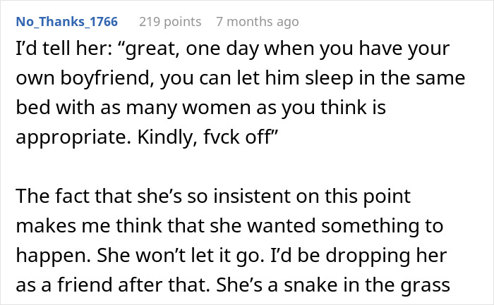 Comment discussing a woman upset that her friend's girlfriend won't allow them to sleep in the same bed.