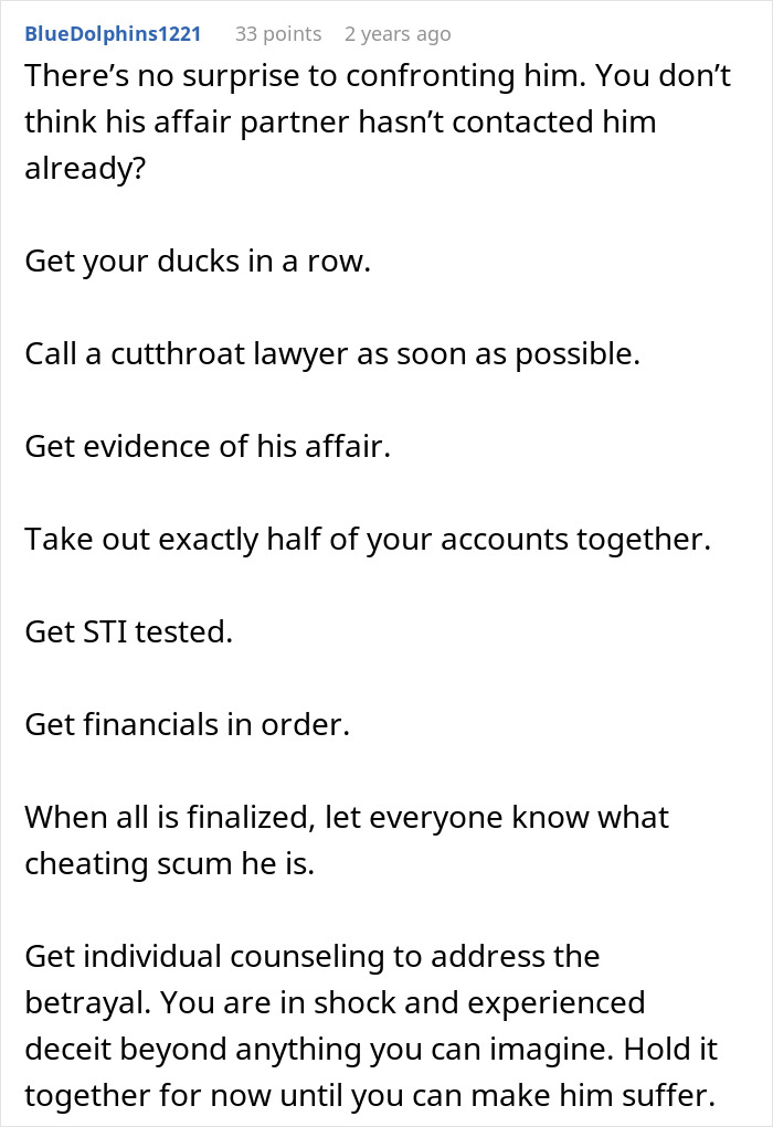 Screenshot of a forum comment advising steps to take after discovering a man hiding a secret second family.