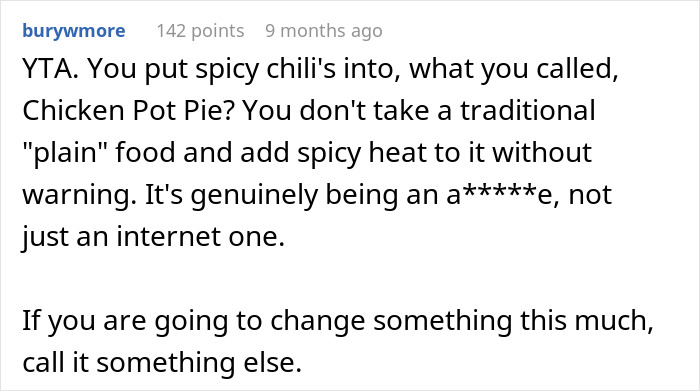 Screenshot of a Reddit comment criticizing a host&rsquo;s spicy twist on classic chicken pot pie at a family gathering.