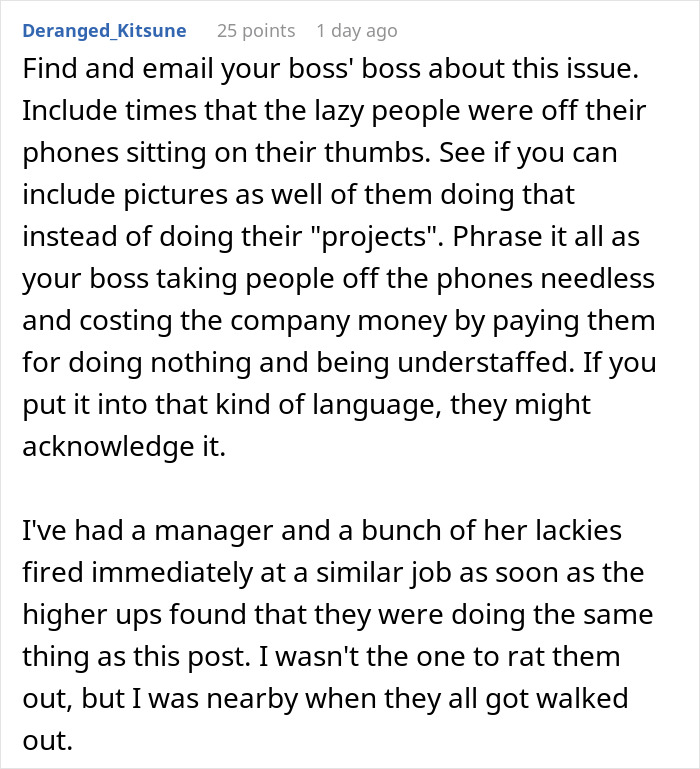 Text comment from user Deranged_Kitsune advising to email the boss about coworkers’ lazy behavior, linking to employee sabotage at work. Text comment from user Deranged_Kitsune advising to email the boss about coworkers’ lazy behavior, linking to employee sabotage at work.