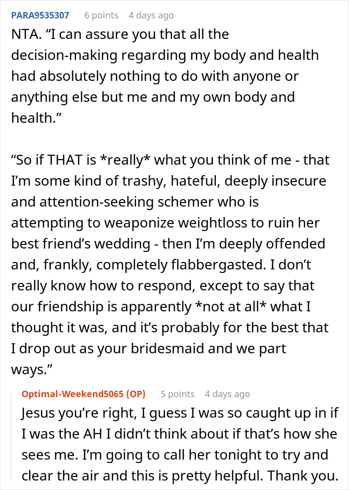 "I Was So Confused And Shocked": Woman Called Selfish By Bride Because She Lost Some Weight "I Was So Confused And Shocked": Woman Called Selfish By Bride Because She Lost Some Weight