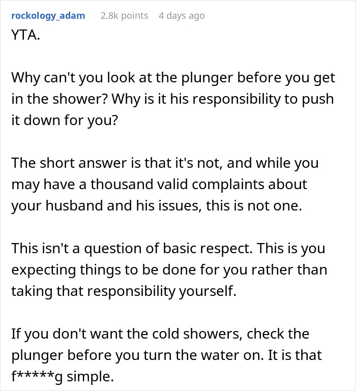 Reddit comment discussing wife threatening husband with cold showers due to his bad memory and shared household responsibilities.