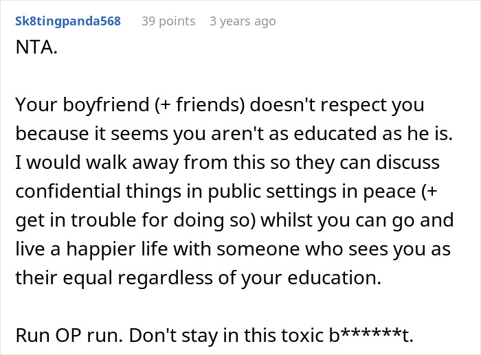 Comment from user Sk8tingpanda568 discussing disrespect and lack of privacy at party planned by woman refusing to leave.