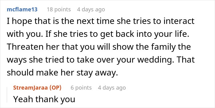 Reddit conversation about a self-appointed bridesmaid becoming an unwanted wedding planner after being cut from the bridal party. Reddit conversation about a self-appointed bridesmaid becoming an unwanted wedding planner after being cut from the bridal party.