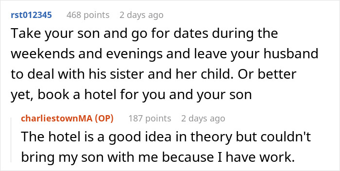 Screenshot of an online discussion about a man not prepared to handle SIL&rsquo;s kid and offering to pay for a hotel.