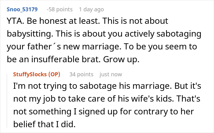 Alt text: Reddit conversation about teen refusing to babysit in blended family despite stepmom&rsquo;s expectations.