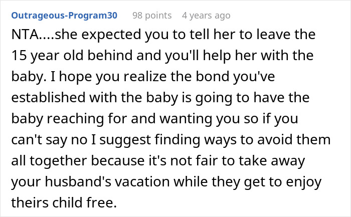 Comment discussing challenges of vacation without kids babysitting and the importance of fair child-free time for couples. Comment discussing challenges of vacation without kids babysitting and the importance of fair child-free time for couples.