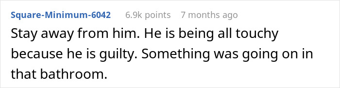 Text message conversation about being caught in bathroom together during party, with claims of innocence. Text message conversation about being caught in bathroom together during party, with claims of innocence.