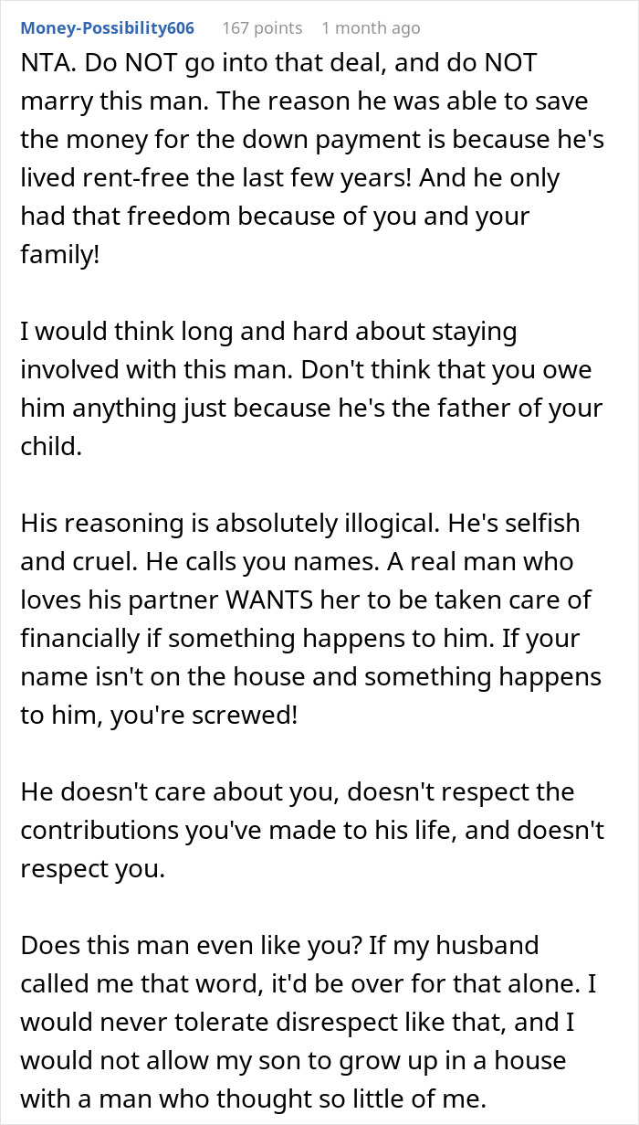 Comment text discussing a woman at crossroads after partner of 10 years wants to buy a house only for him.