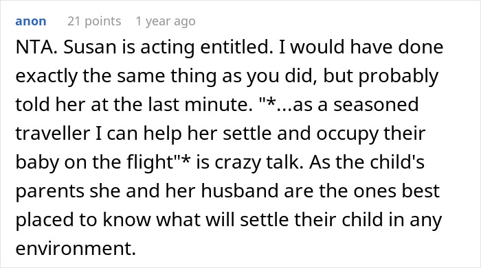 Screenshot of an online forum comment discussing rebooking a flight to avoid babysitting a niece and family travel dynamics. Screenshot of an online forum comment discussing rebooking a flight to avoid babysitting a niece and family travel dynamics.