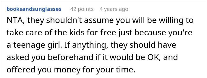 Screenshot of a Reddit comment discussing a 17-year-old refusing to babysit during a family vacation.