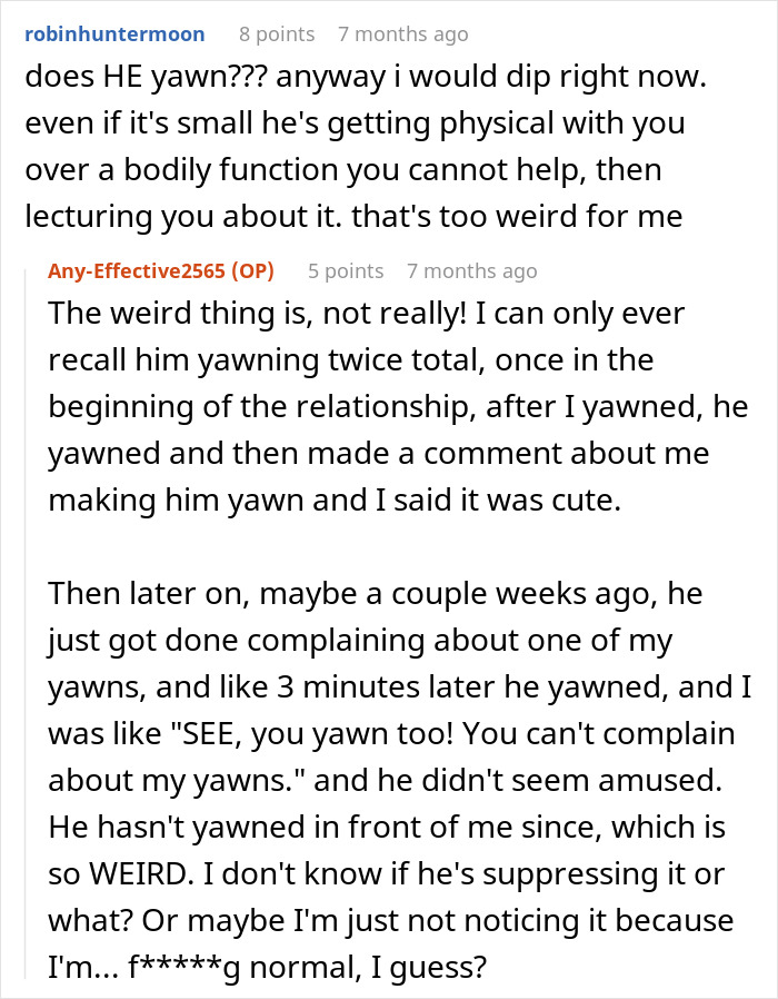 Comments discussing a man who hates yawning and physically reacts to his sleeping fianc&eacute;e, causing tension between them.