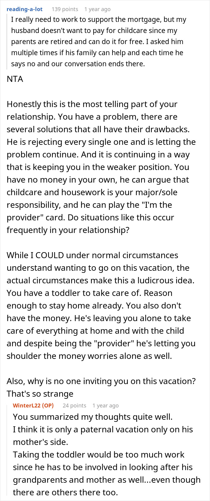 Married couple moving houses, husband leaving responsibilities to wife while he travels alone on vacation