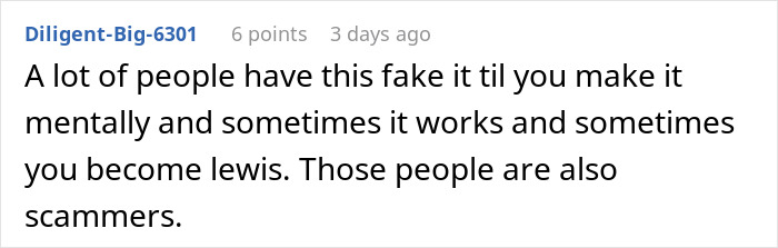 Comment discussing influencer marketing coworker who lived a lie and the consequences of faking success in a work context.