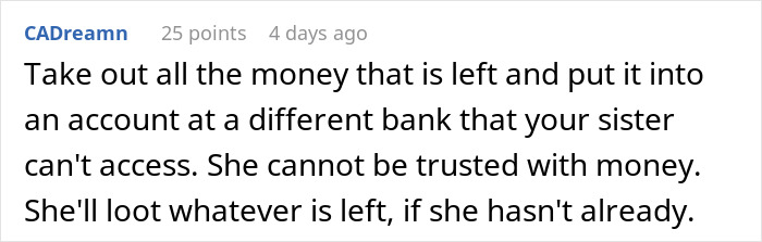 Comment text on a white background about financial trust concerns involving a niece's college fund and prom expenses. Comment text on a white background about financial trust concerns involving a niece's college fund and prom expenses.