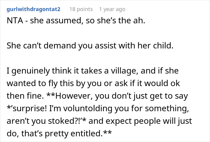 Screenshot of a Reddit comment discussing rebooking a flight to avoid babysitting a niece and setting boundaries. Screenshot of a Reddit comment discussing rebooking a flight to avoid babysitting a niece and setting boundaries.