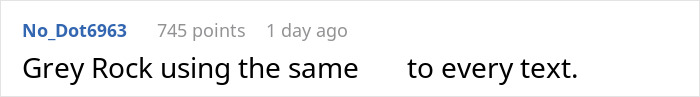 Facebook comment showing 745 points about someone using a "Grey Rock" technique in text communication.