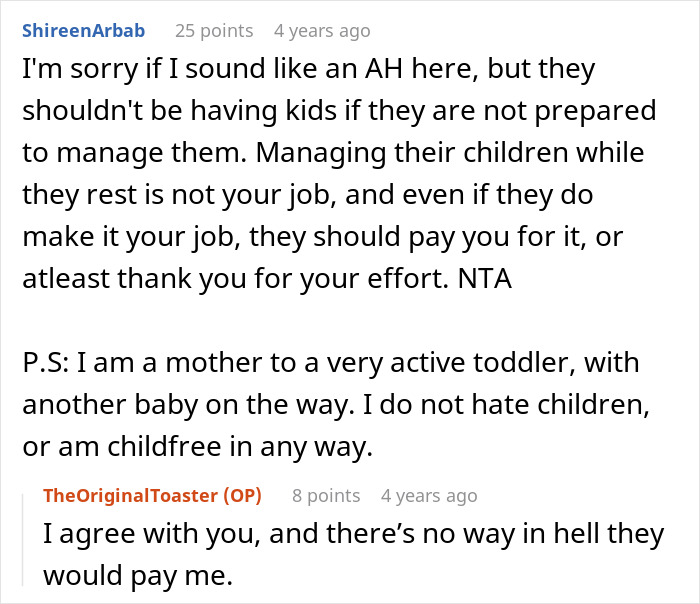 Screenshot of a Reddit discussion about a 17-year-old refusing to babysit multiple kids during a family vacation.