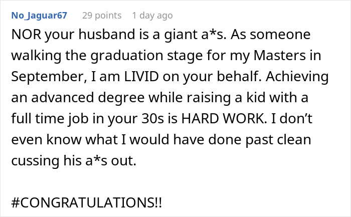 Comment expressing anger at husband for giving sister-in-law&rsquo;s seat to his mom on woman&rsquo;s graduation day.