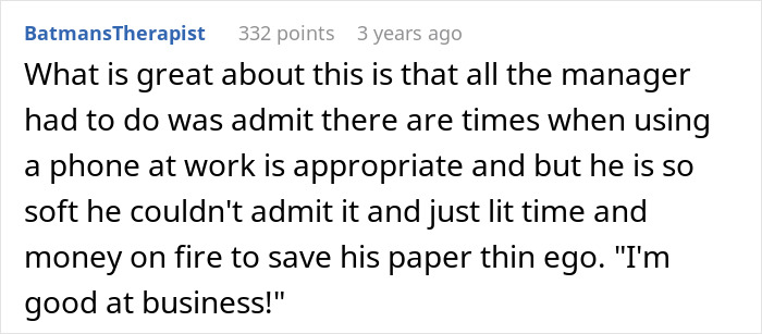 Comment highlighting employee compliance with company rules and boss facing consequences for rigid ego in workplace conflict. Comment highlighting employee compliance with company rules and boss facing consequences for rigid ego in workplace conflict.
