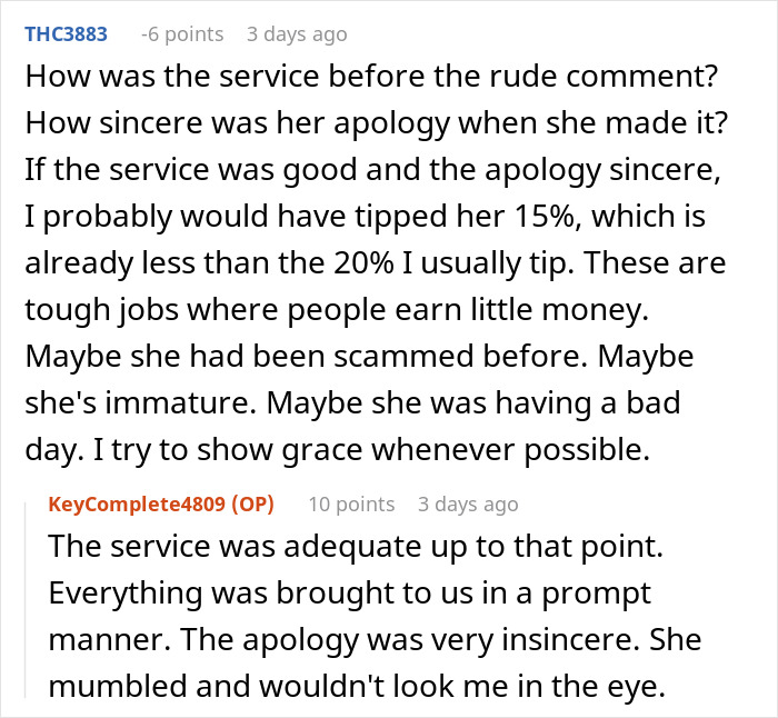 User discussing tipping etiquette and service experience in a comment about am I the jerk for tipping 83 cents.