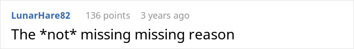 Screenshot of an online comment reading the not missing missing reason related to parents wondering if they messed up their son.