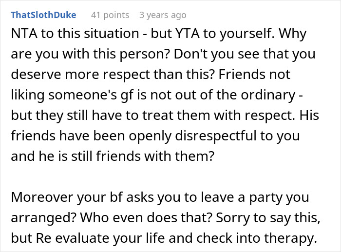Alt text: Reddit comment discussing woman refusing to leave party she planned after boyfriend and friends demand privacy