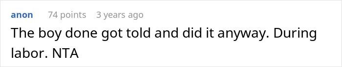 Screenshot of a comment discussing a man furious after wife removes him from delivery room over inappropriate prank.