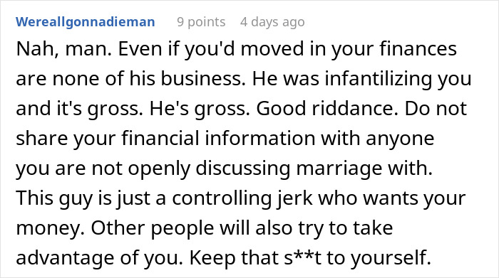 Comment discussing a man furious at his girlfriend for letting him break up due to not reading an Excel document. Comment discussing a man furious at his girlfriend for letting him break up due to not reading an Excel document.
