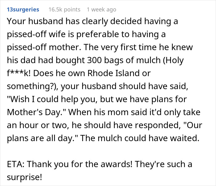 Man skips wife&rsquo;s first Mother&rsquo;s Day to spend time with his mom causing family tension and hurt feelings.