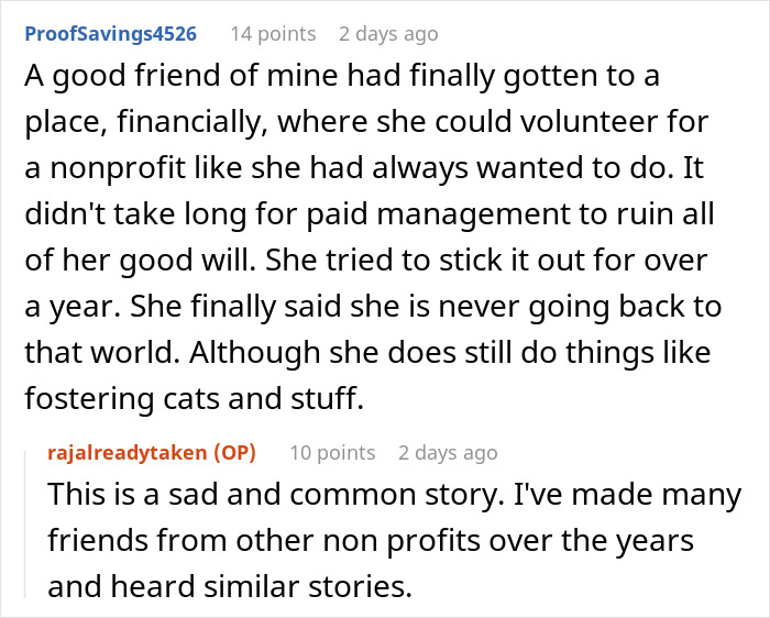 Screenshot of a forum discussion about nonprofit employees, management issues, and volunteering challenges.