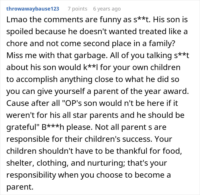 Reddit comment defending parents against blame for son's anger after years of neglect and family struggles.