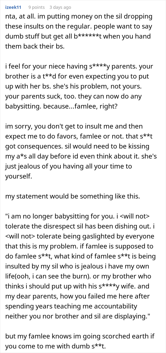 Comment discussing a woman refusing to babysit niece due to sister-in-law’s rudeness and family disrespect issues. Comment discussing a woman refusing to babysit niece due to sister-in-law’s rudeness and family disrespect issues.